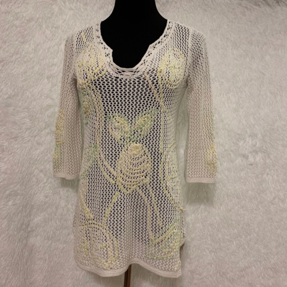 Sigrid Olsen Women’s White With Yellow Lemon Crocheted Bathing Suit Cover